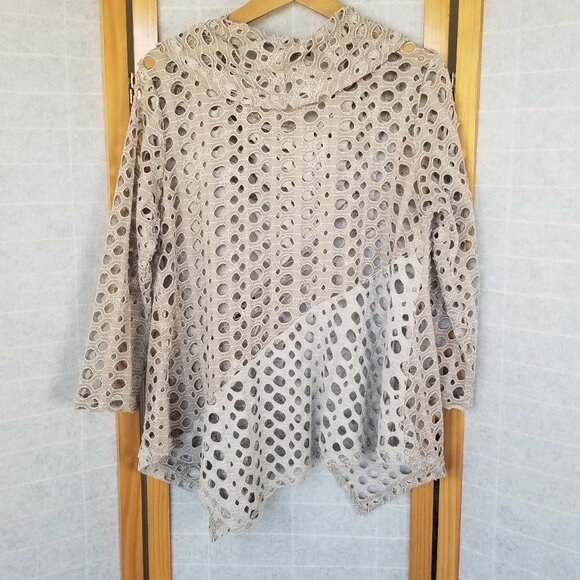 Yushi laser-cut, cowl neck, long-sleeve tunic top with asymmetric hem tan - Picture 5 of 6